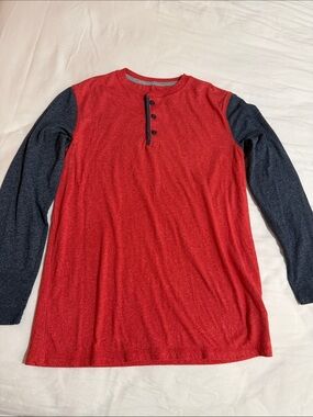 Boy's Long-Sleeve Henley Shirt in Red with Navy Sleeves